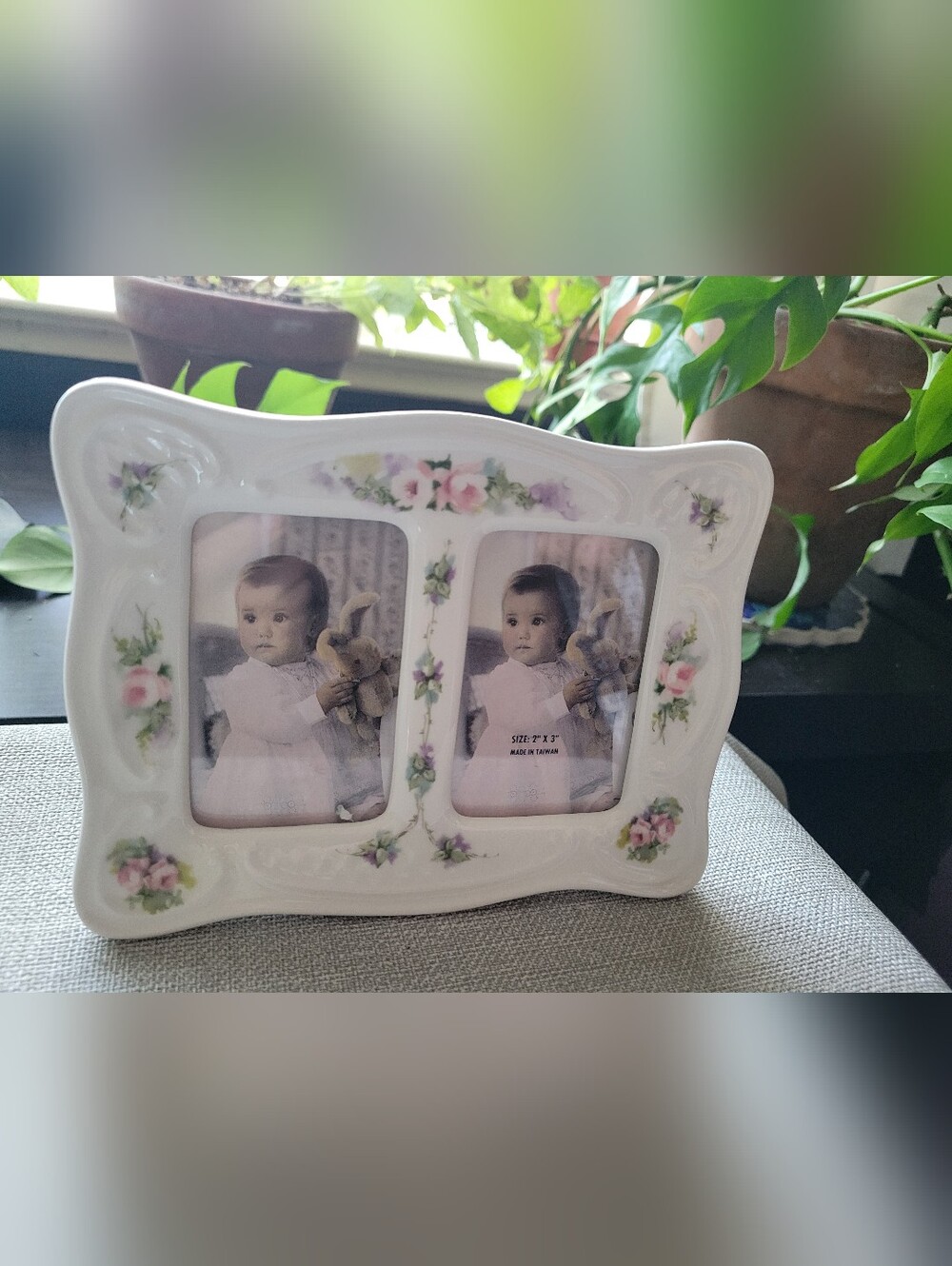 Vintage White Double Frame with Pink Floral Garland